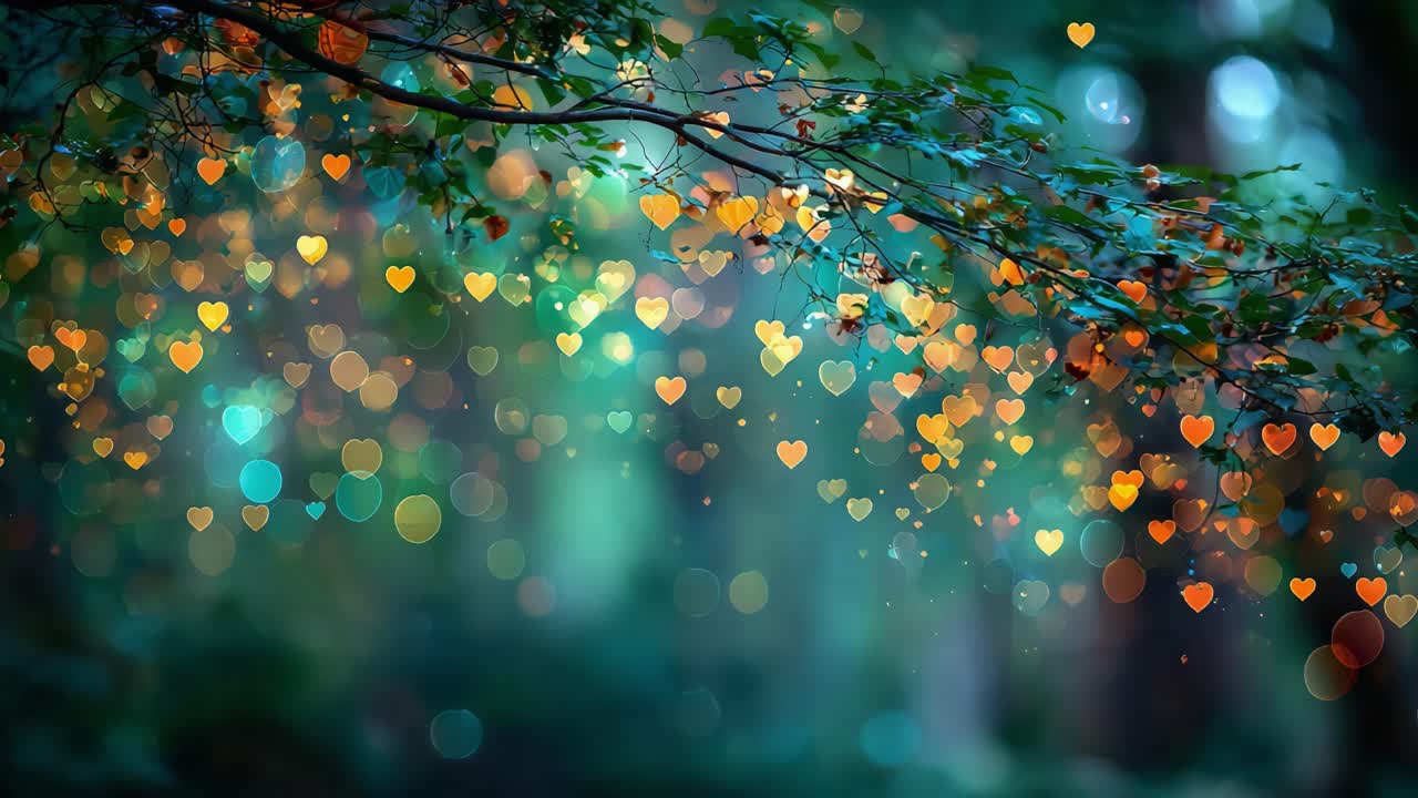 En magisk glimt av naturen: Romantisk hjärtformad bokeh som lyser upp den förtrollade skogen under en fridfull blågrön aura