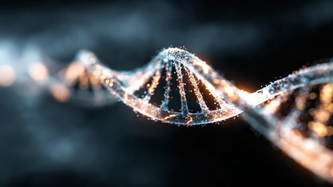 Una rappresentazione visiva mozzafiato della struttura del DNA, che mostra la complessa forma a elica e particelle luminose che illustrano la biologia molecolare in movimento.