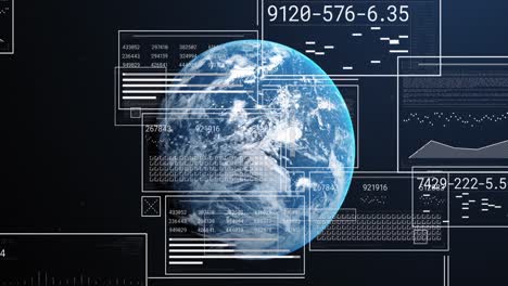 animation of interface with data processing over spinning globe against blue background