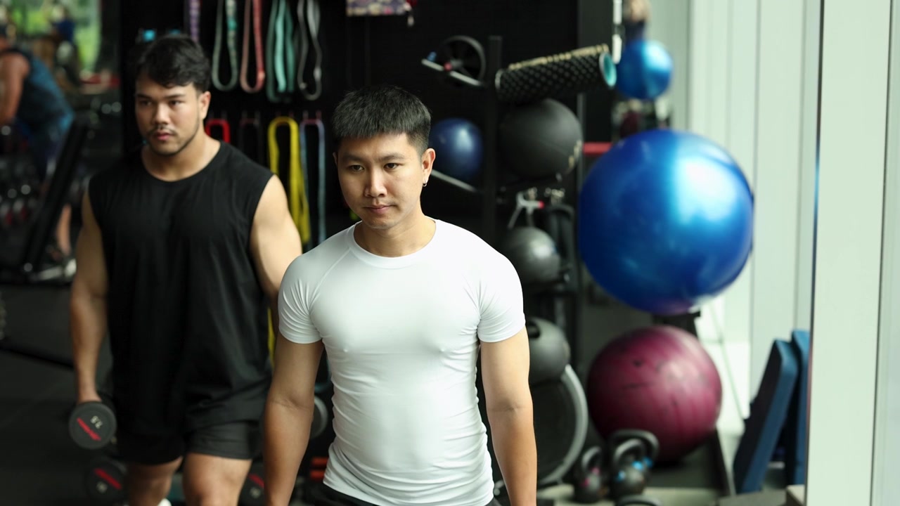 Dua pria melakukan squat dumbbell di gym yang lengkap dengan pencahayaan cerah dan ekspresi fokus
