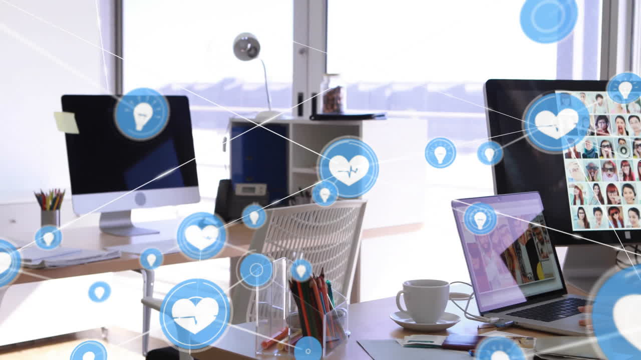 사무실에서 백인 사업가 여성에 대한 심장 아이콘과 연결 네트워크의 애니메이션