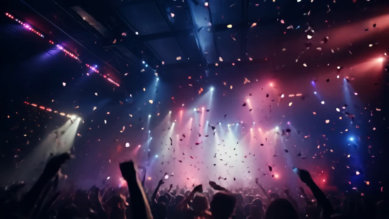 Scena dinamica di un concerto con coriandoli che cadono, ripresa da un angolo basso