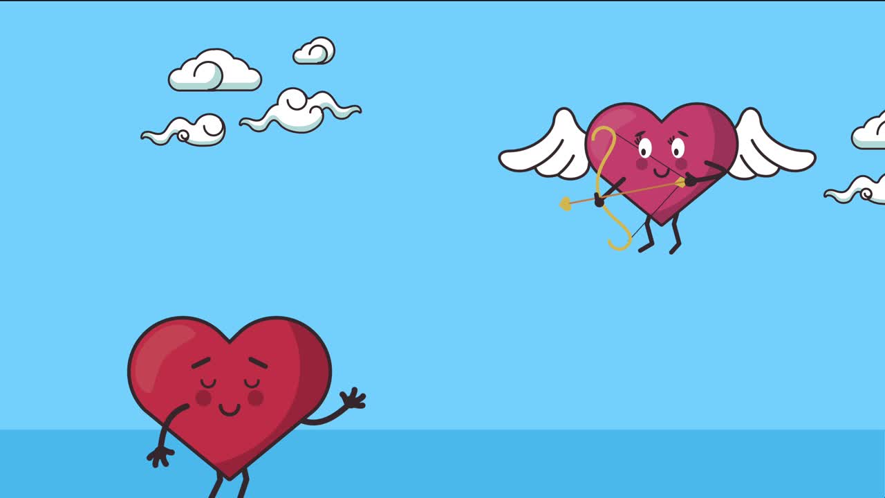 feliz tarjeta de día de san valentín con corazones pareja volando