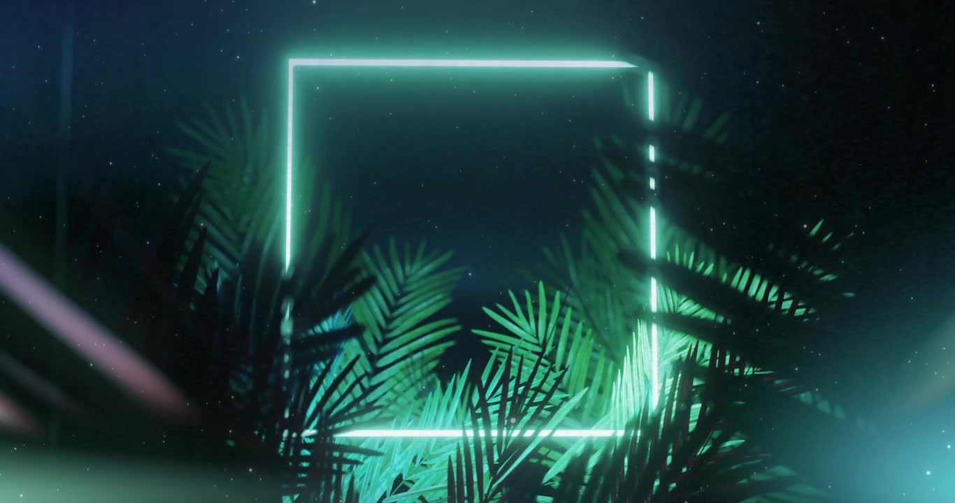 Glowing neon square with tropical palm leaves in dark atmosphere