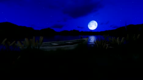 fishing boat on a lake surrounded by mountains with full moon against starry sky, 4k