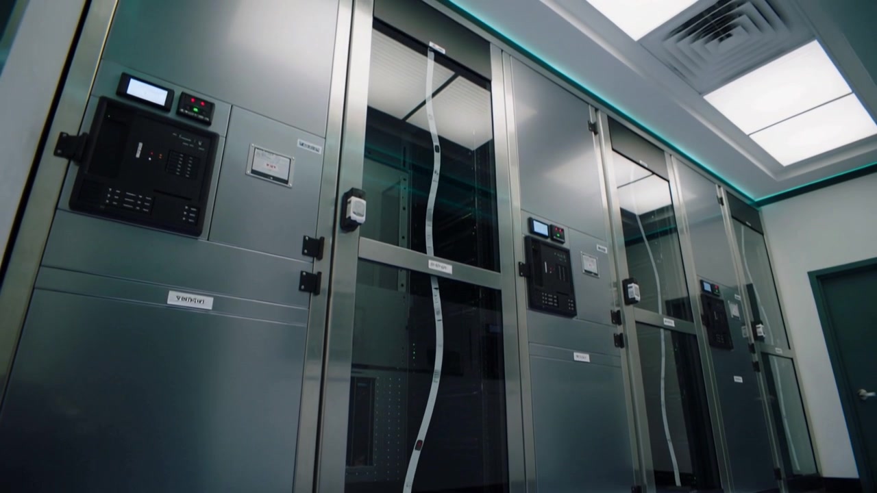 Tilting camera revealing steel cabinets in equipment room, showing keypad modules and hanging cable