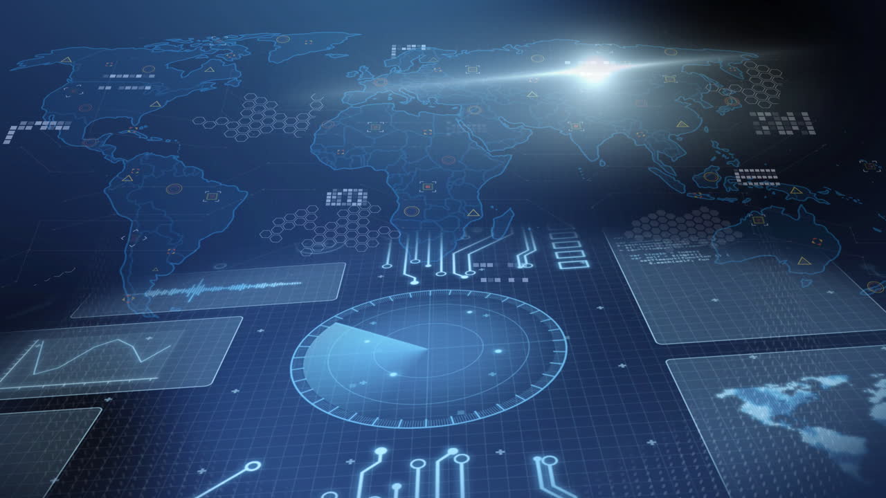 Animation of computing data processing over world map and circuit board