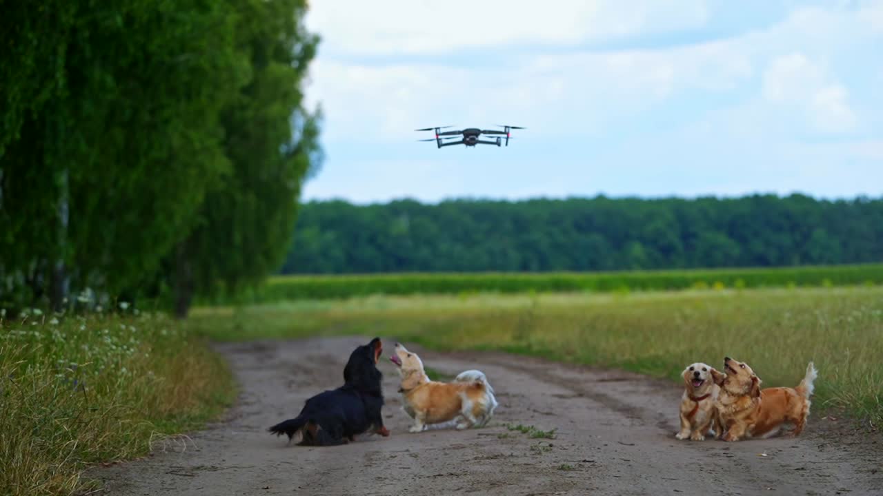 Drone flying over dogs. Curious dogs trying to catch flying drone