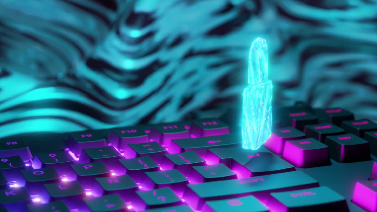 Motion graphics of blue padlock symbol spinning over computer keyboard