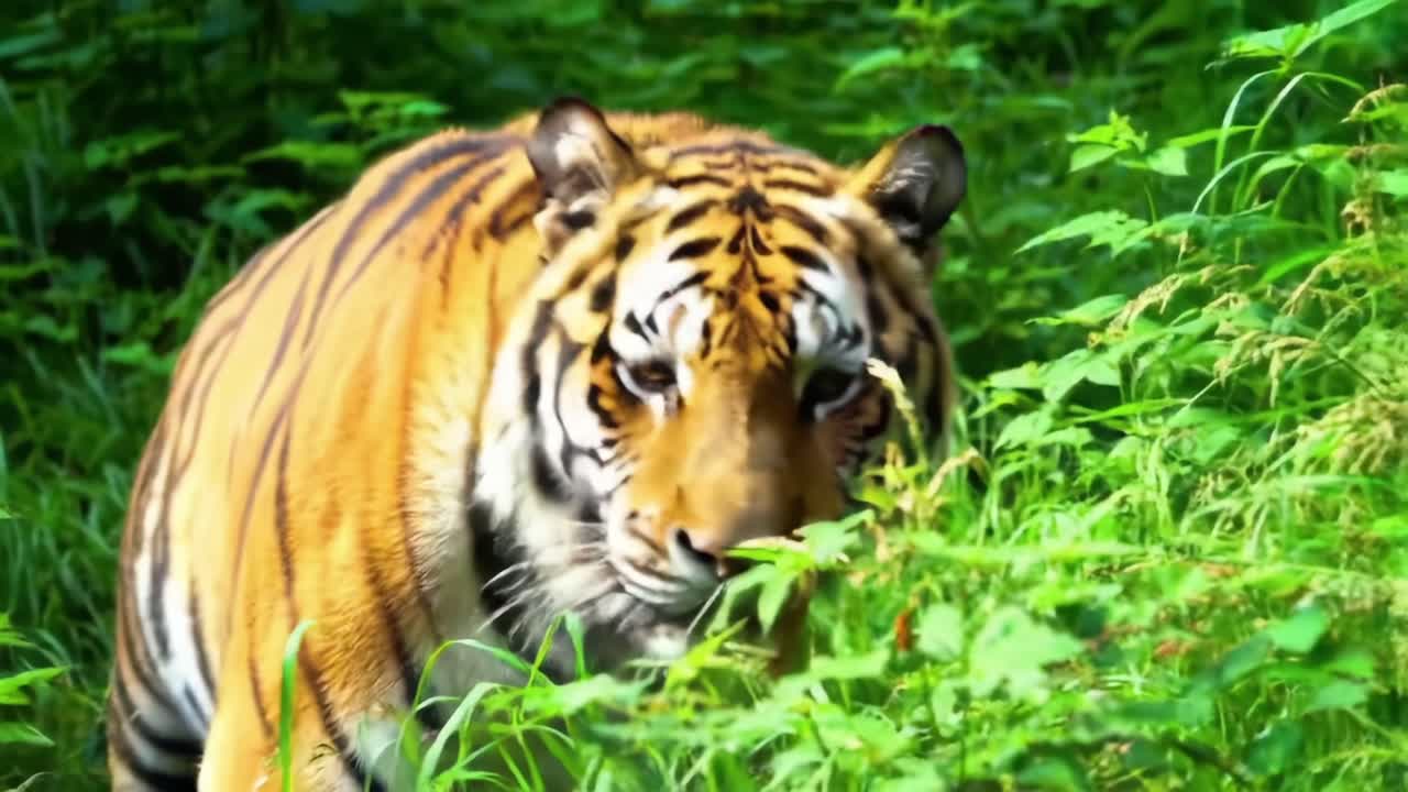 Majestic Tiger Roaming Through Lush Greenery: A Glimpse of Nature's Beauty and the Power of Wild felines in Their Natural Habitat