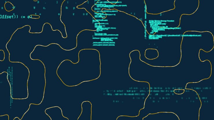 Animation of digital map with contour lines and scattered code elements