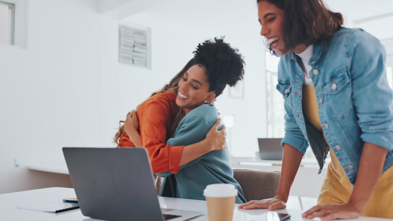 Laptop, success or women high five at work