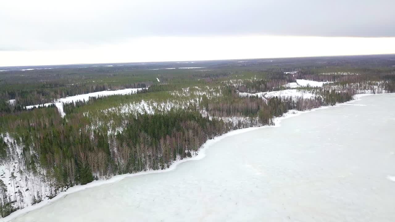 Ilmakuva, Suomen vihreä kulta, loputtomat kuusi- ja mäntymetsät talvella, pieni järven rantamökki
