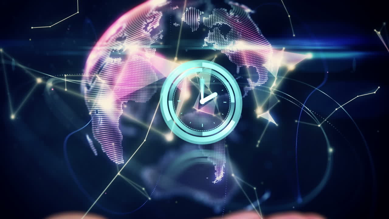 Animación de un reloj moviéndose sobre el globo terráqueo y una red de conexiones