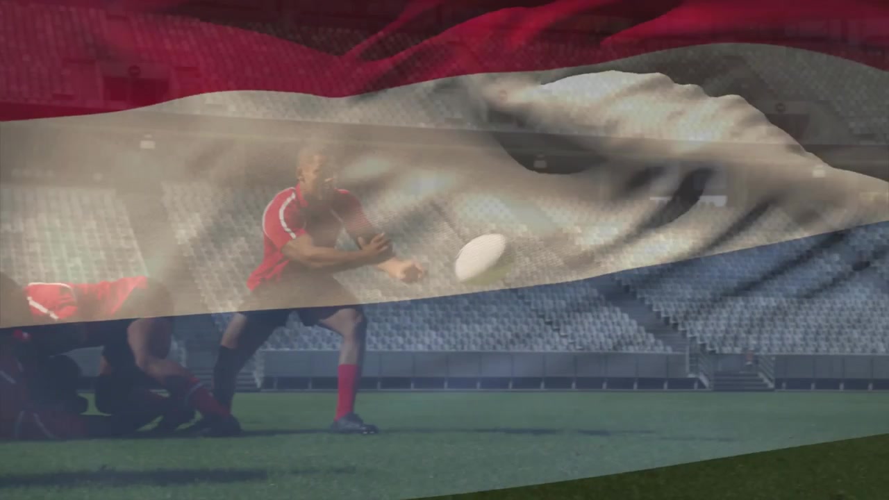 Rugbyspillere danner en ruck-situation omkring bolden på en sportsbane, med animerede præstationsstatistikker.