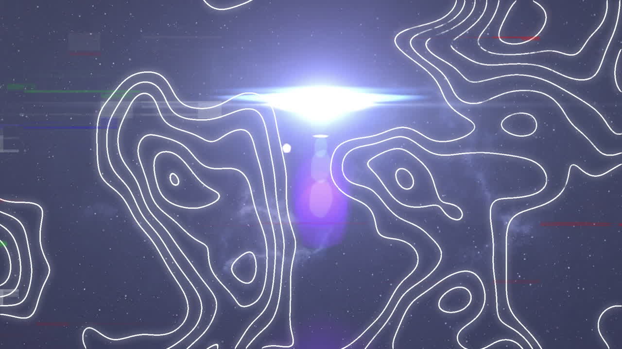 Animation of white contour lines over cosmic background with purple and blue hues