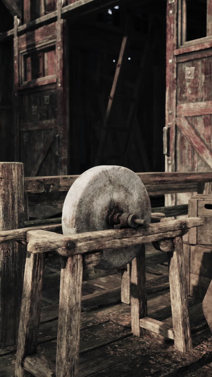 una piedra de molienda rústica sentada frente a un granero de madera