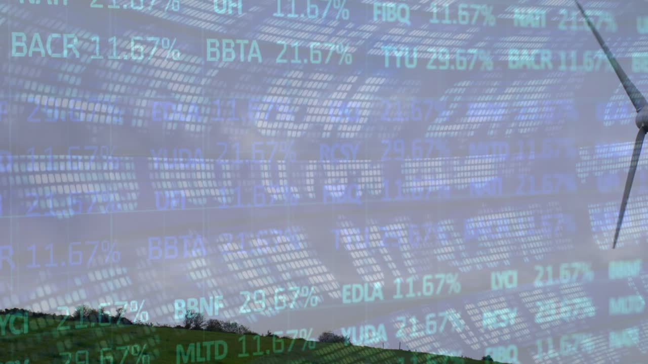 Animation of financial data processing over electric windmill