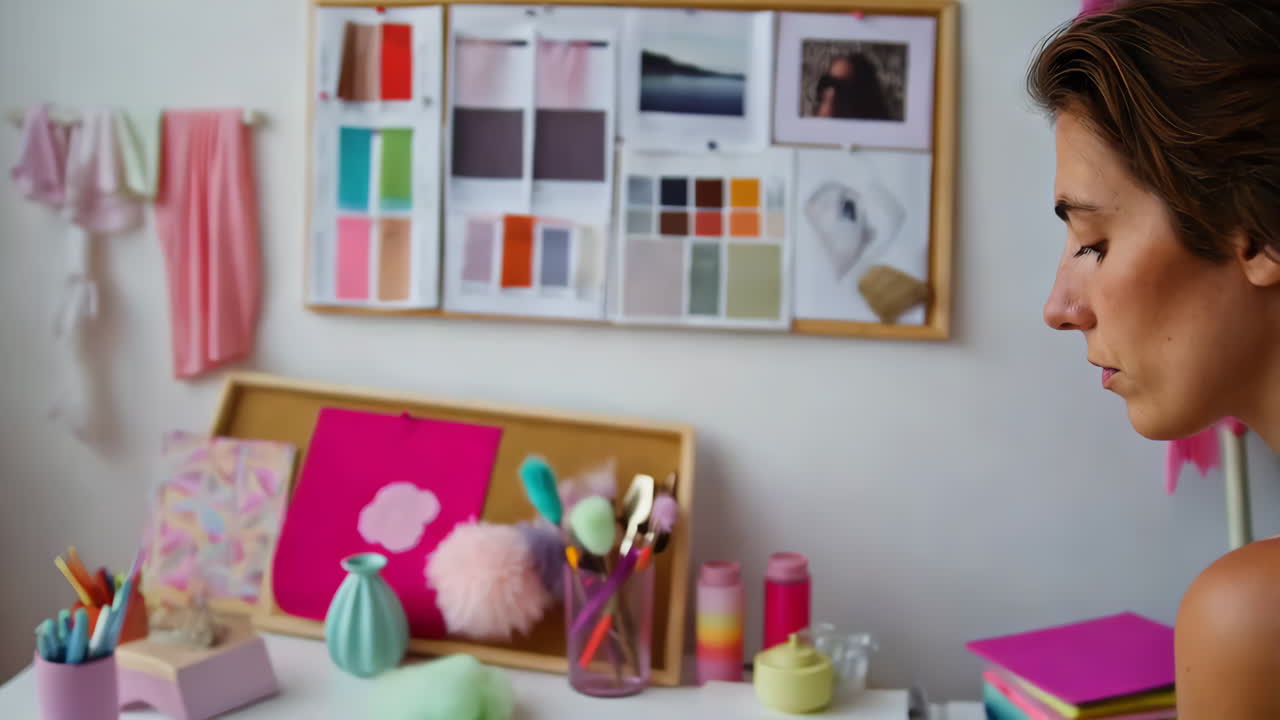 Woman at a colorful creative workspace with a mood board