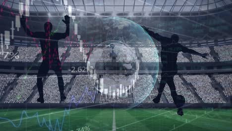 animation of graphs and data processing with globe and footballers, over sports stadium