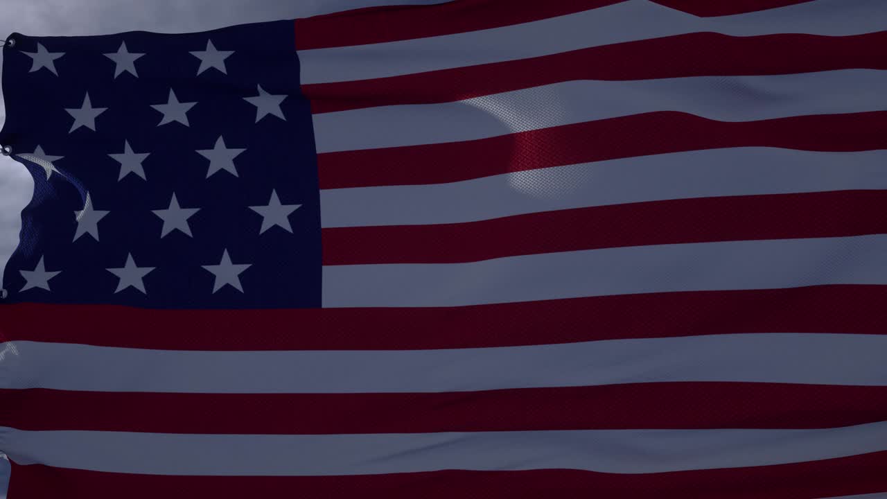 American flag waving in the wind. Realistic flag background. Thundercloud background