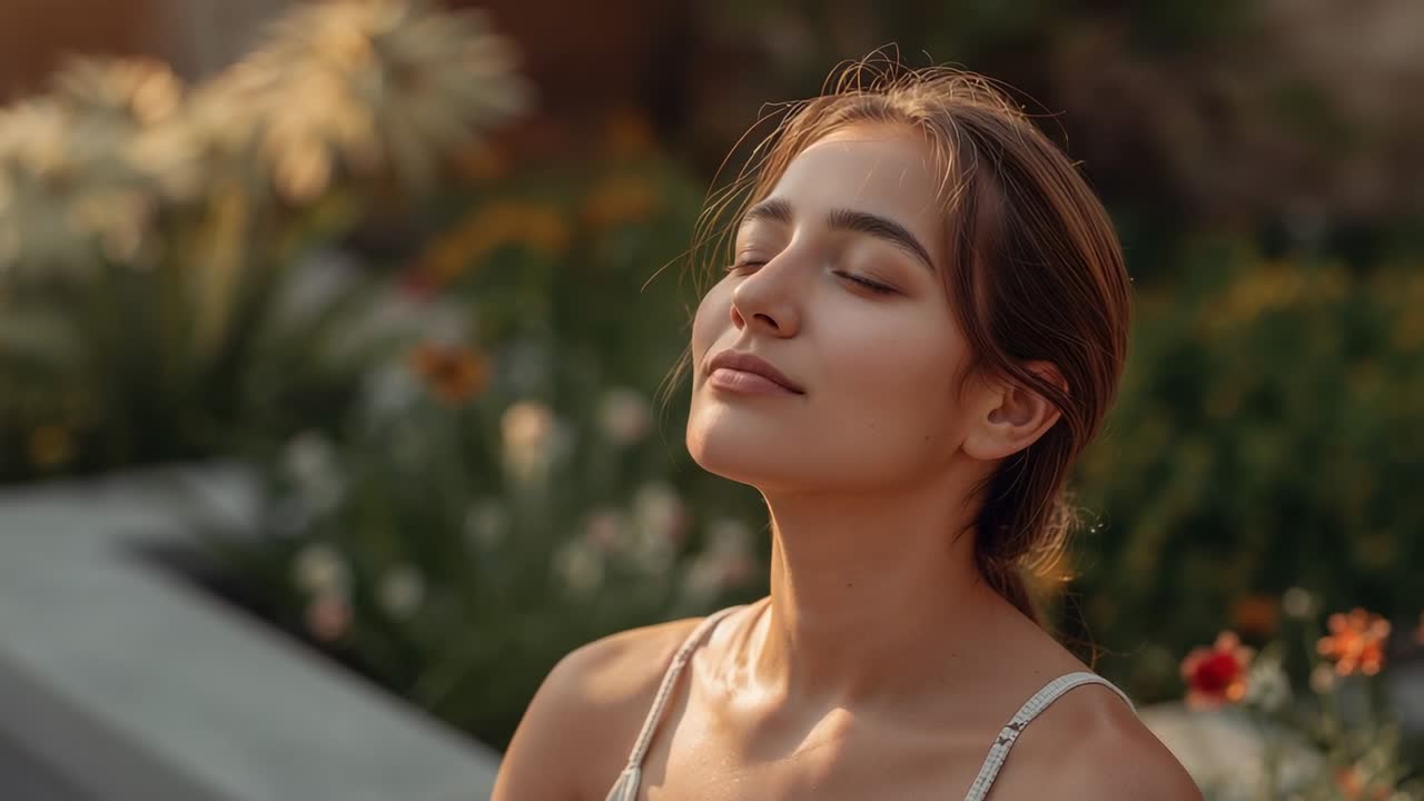 Video verticale: Donna con spalline sottili inclina la testa all'indietro, respirando su un davanzale fiorito sotto il sole caldo.