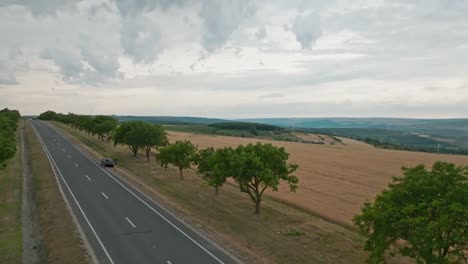 Winkelaufnahme-über-Einem-Wunderschönen-Weizenfeld,-Das-über-Die-Straße-Fliegt