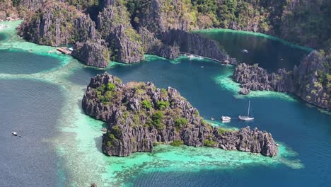 tropical paradise island with twin lagoon in coron, philippines, asia. aerial drone shot