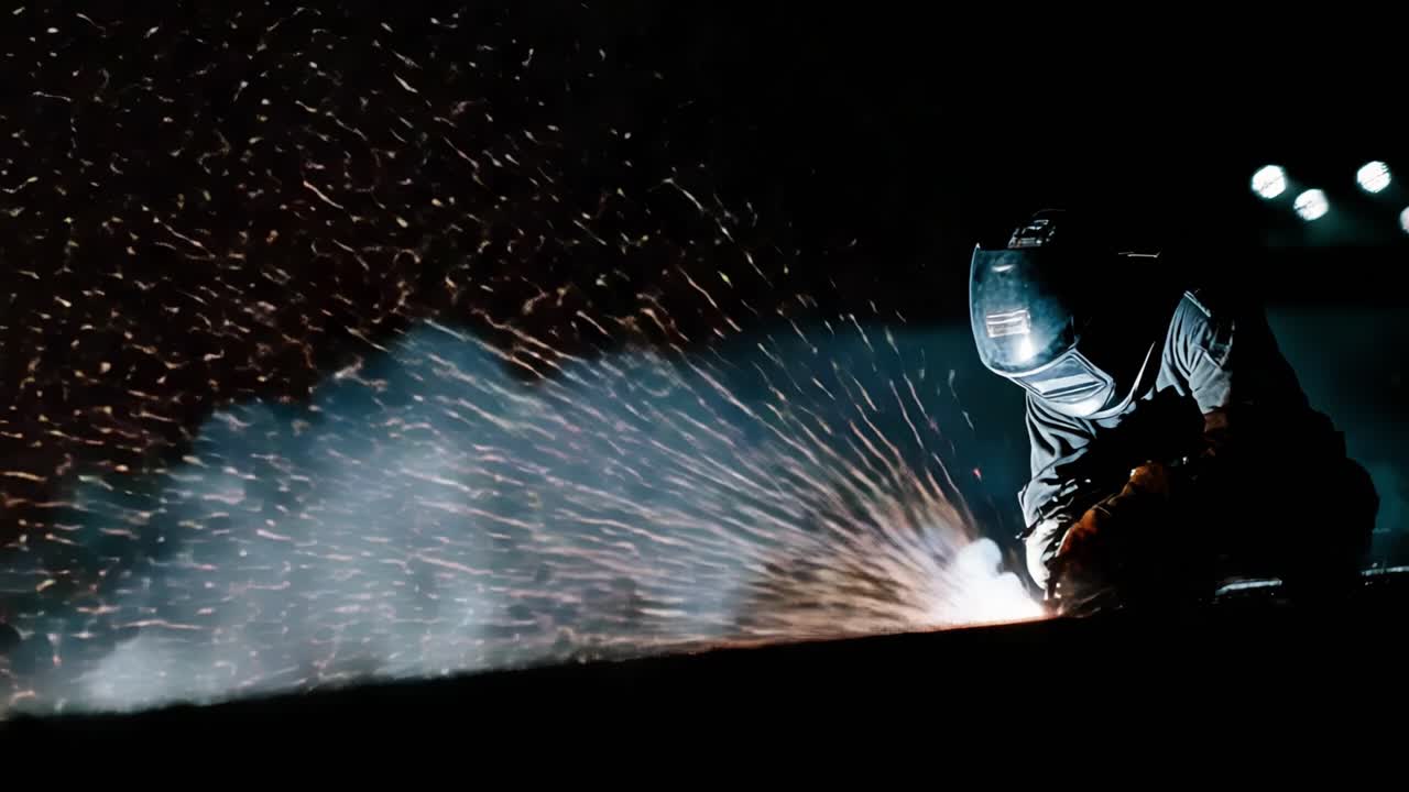 A Skilled Welder Engaged in Metalworking, Creating Sparks and Light Amidst the Darkness, Showcasing Precision and Craftsmanship in a Dynamic Environment