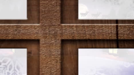 animación del paisaje de invierno, casas y trineo de santa visto a través de la ventana