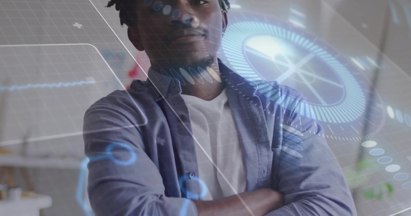 Mand med holografiske datadiagrammer, bølgeformlinjer og gitteroverlejringer på teknologisk arbejdsplads.