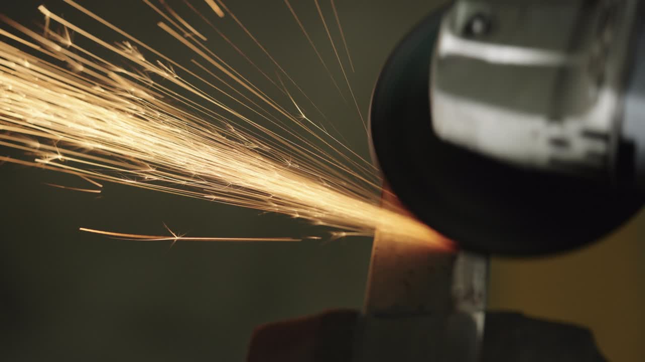 많은 불꽃을 일으키는 건설 각 밀러에서 작업자의 클로즈업