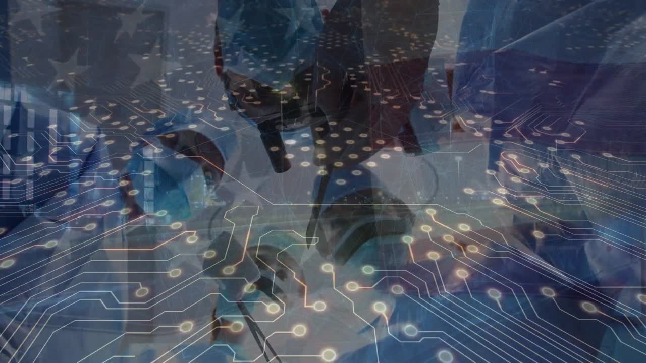 Animation of microprocessor connections over surgeons performing operation against city traffic