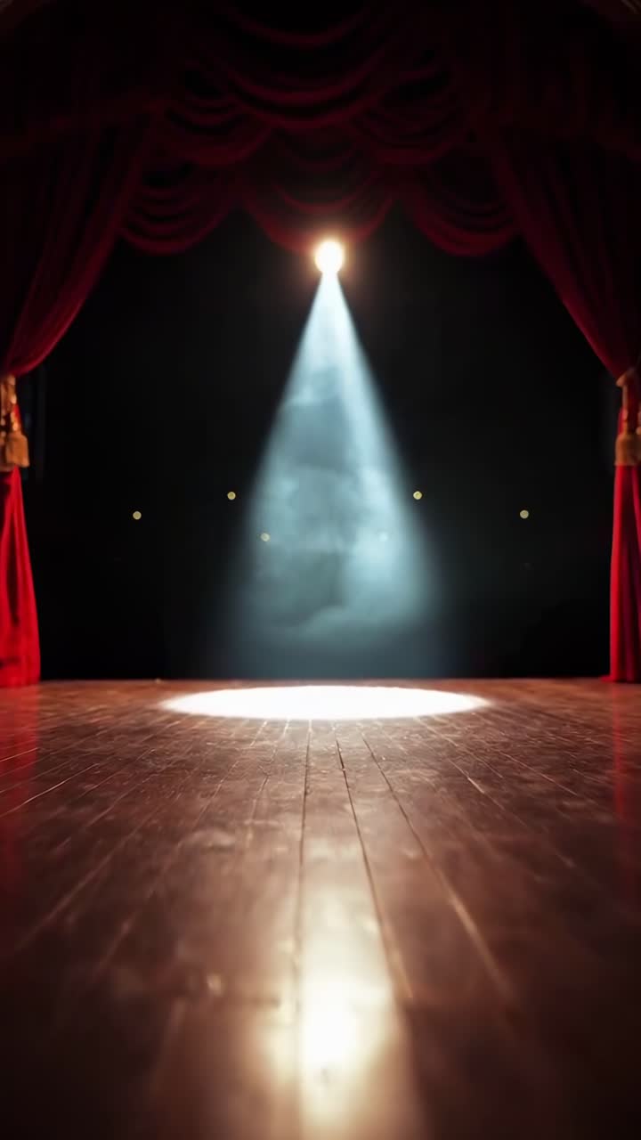 Dramatisches Scheinwerferlicht beleuchtet eine leere Theaterbühne mit roten Vorhängen