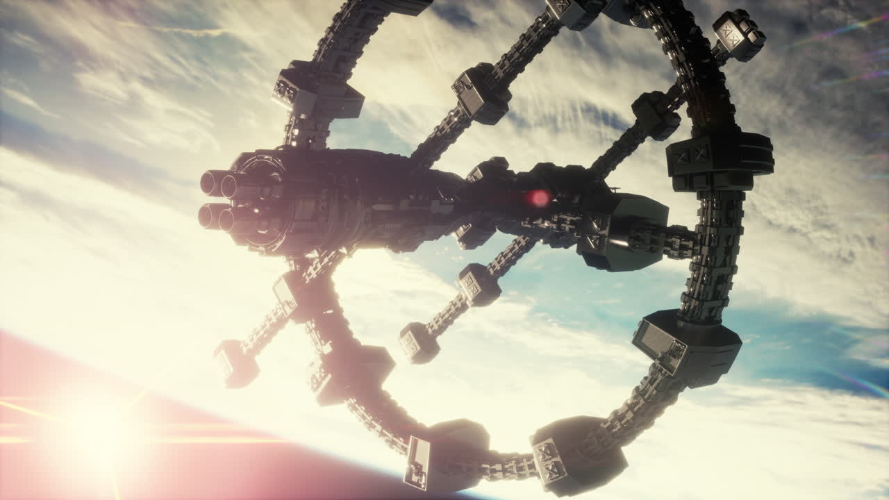 매우 상세한 거대한 우주선이 지구에 접근하고 있습니다.