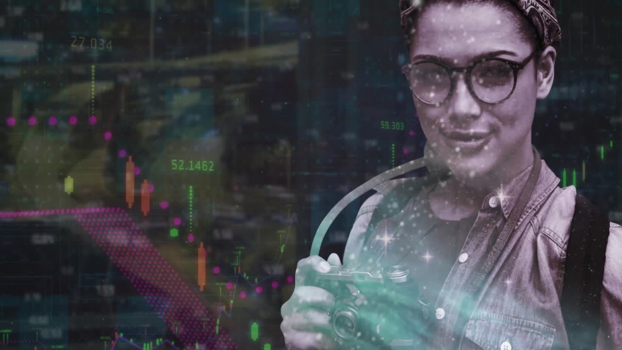 animación de estrellas brillantes, gráficos y números sobre el retrato de una mujer caucásica con cámara.