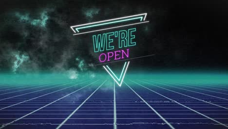 Animation of we&#039;re open neon text over grid