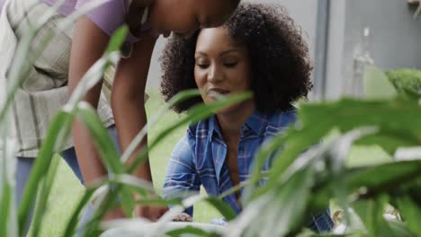 madre y hija afroamericanas felices plantando flores en el jardín, cámara lenta