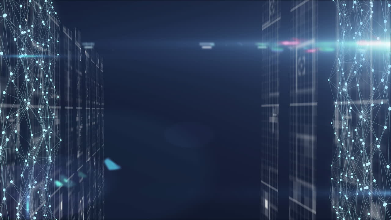 Glowing network and data processing over computer servers in dark server room