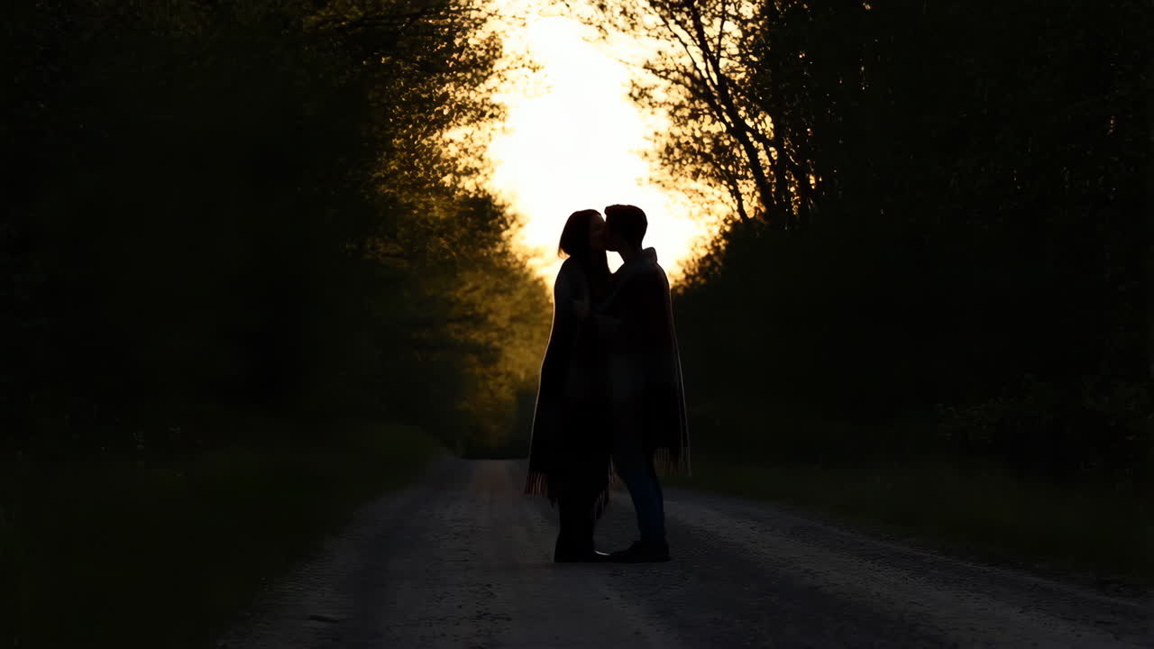 Romantic Couple Silhouette on a Road at Sunset