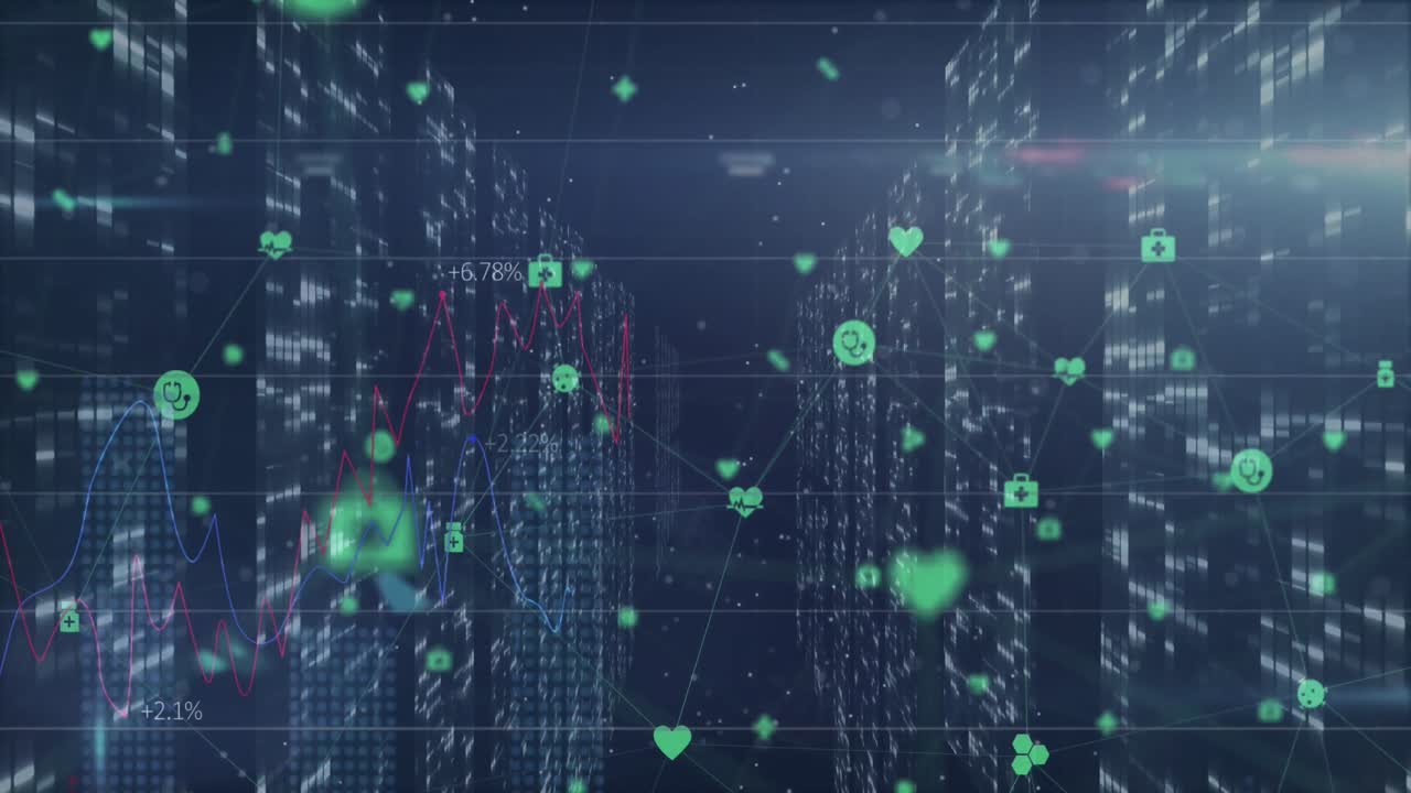 파란색 바탕에 모자이크 사각형의 디지털 아이콘 네트워크와 화면의 애니메이션