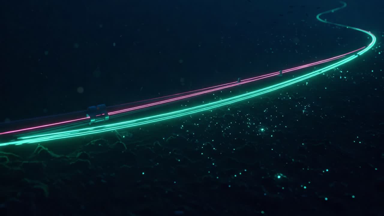 Illuminated pathways in a virtual underwater landscape, showcasing vibrant neon trails of light flowing gracefully through the dark aquatic depths, creating a mesmerizing digital experience