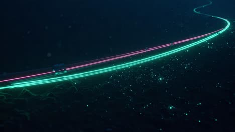 Illuminated pathways in a virtual underwater landscape, showcasing vibrant neon trails of light flowing gracefully through the dark aquatic depths, creating a mesmerizing digital experience