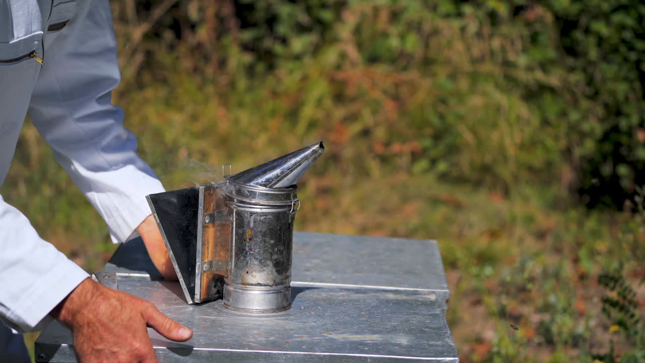 Bee smoker on apiary. Beekeeper working with hives uses chimney with smoke to protect from bees. Beekeeping process in summer nature.