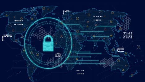 Animación-De-Candados-De-Seguridad-En-Línea,-Procesamiento-De-Datos-Y-Marcadores-Sobre-El-Mapa-Mundial