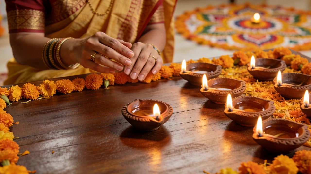 Donna in sari giallo che si allunga per sistemare diya accese a casa con calendule e rangoli per un festival.