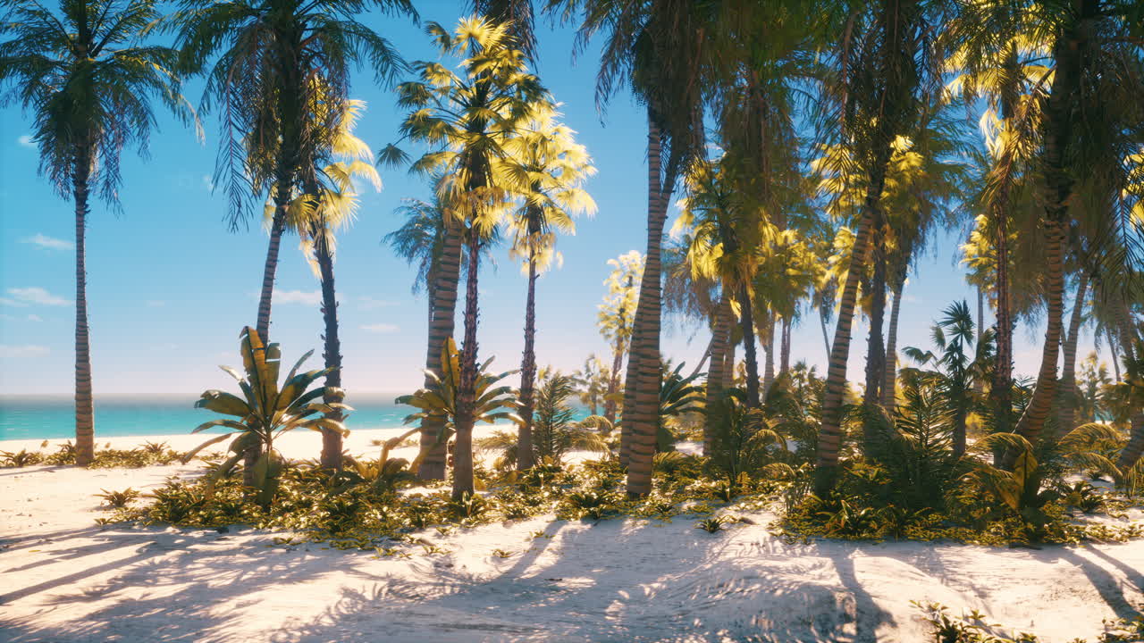 주변 에 손바닥 이 있는 멋진 열대 해변 의 전망