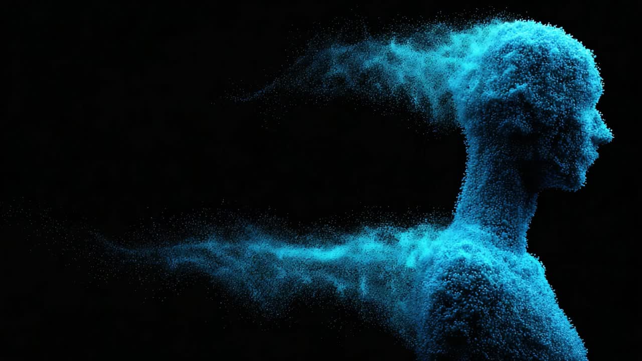 A striking visual representation of a figure emerging from a cloud of vibrant blue particles, symbolizing transformation and the fluidity of identity and existence in a dark background