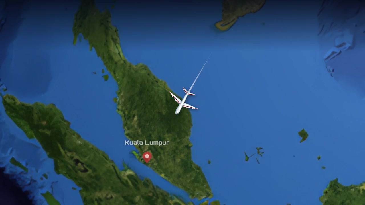Satellite map animation follows a commercial airplane flying from Seoul to Kuala Lumpur over Asia