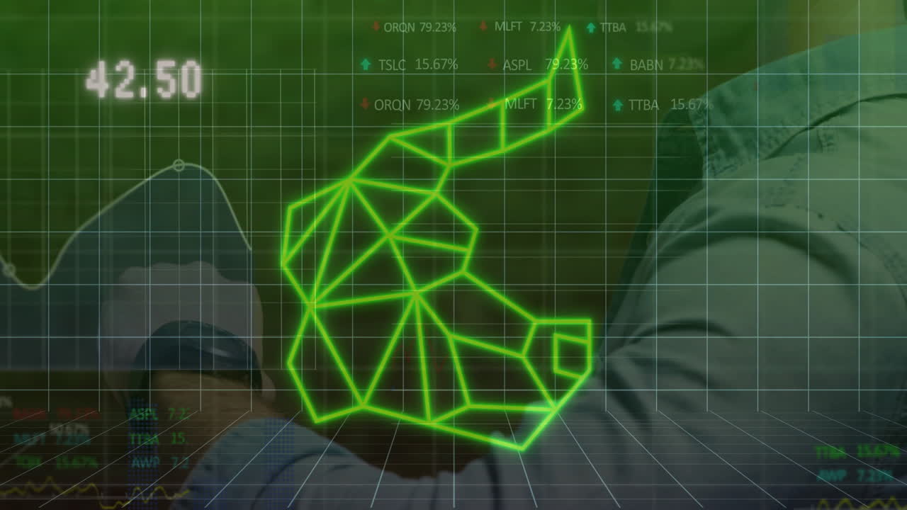 animación de cabeza de toro verde sobre datos financieros y precios del mercado de valores